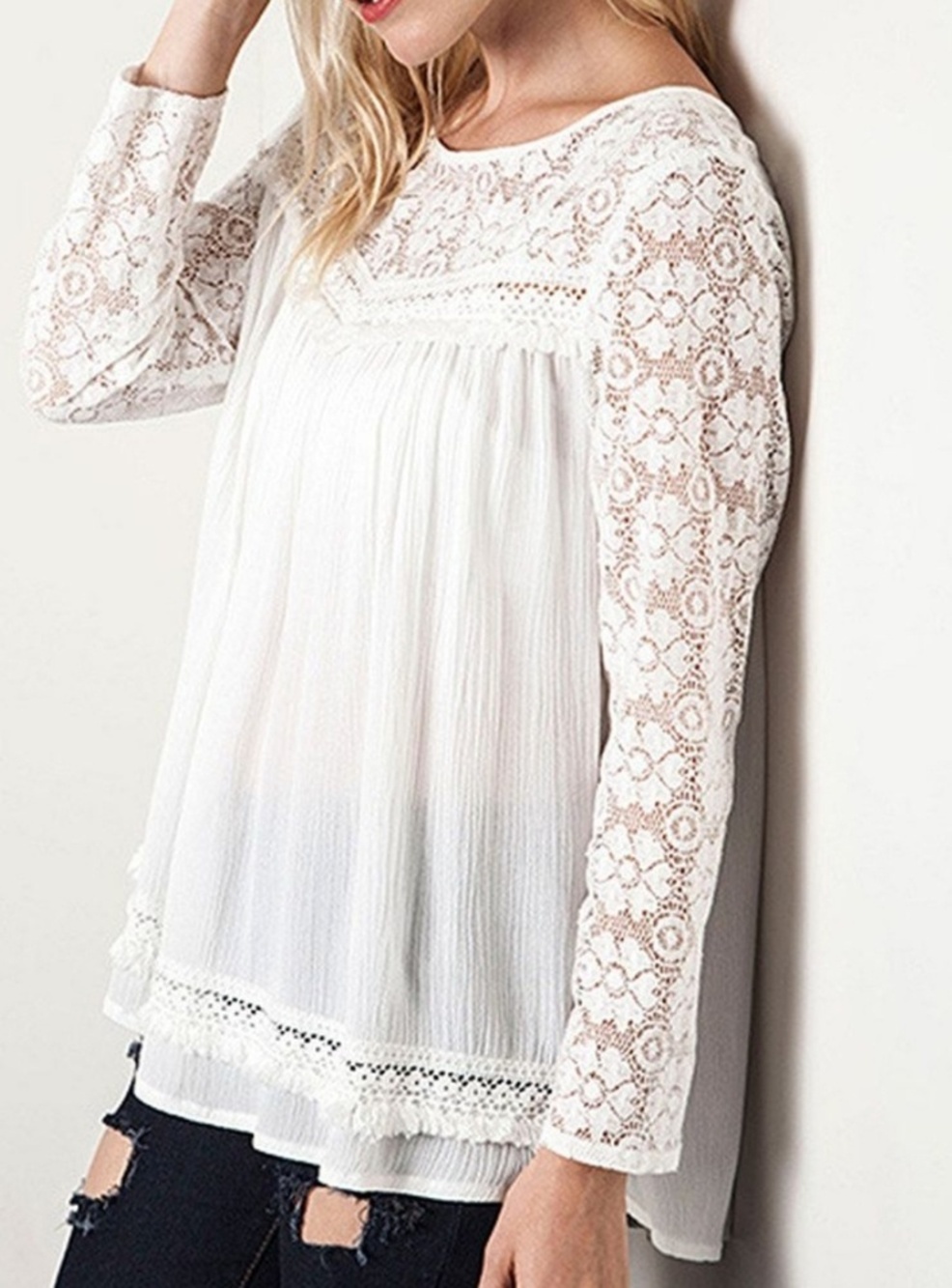 Ungee USA Longsleeve gauze & lace white top blouse - Picture 8 of 8